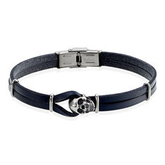 Bracelet Acier Cuir Bleu Motif Tete De Mort