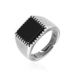 Bague Acier Gris Lenie Agate Noire Carree
