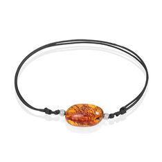 Bracelet Argent Boule Ambre Cordon Noir