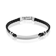 Bracelet Acier Cuir Tresse Plaque Centrale