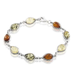 Bracelet Argent Ambres Poires Multicolores