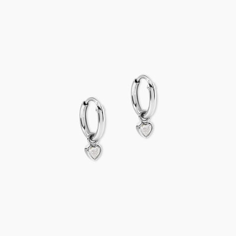 Cr&eacute;oles Mini Heart Argent Blanc Oxyde De Zirconium - Boucles d'oreilles pampille Femme | Marc Orian