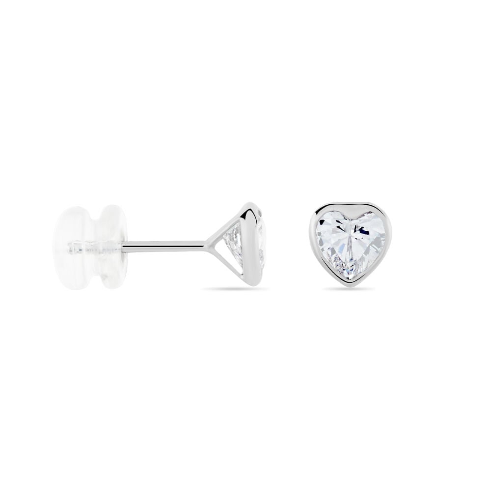 Boucles D'oreilles Puces Coeur Serti Clos Or Blanc Oxyde De Zirconium - Puces Femme | Marc Orian