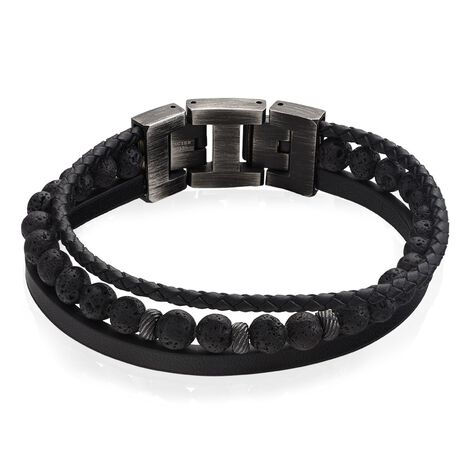 Bracelet Phebus Him Acier Vieilli Cuir Noir Pierre De Lave - Bracelets cuir Homme | Marc Orian