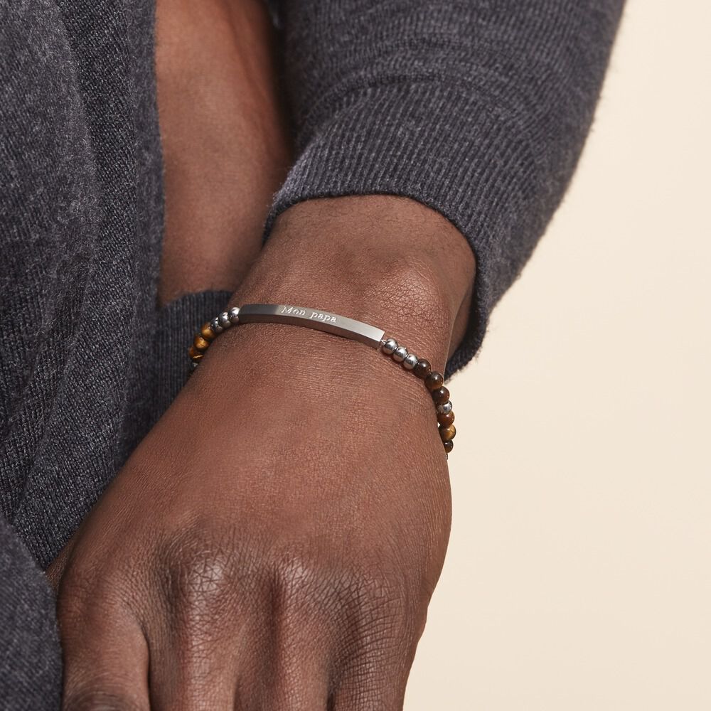 Bracelet Identité Acier Blanc Boules Sebastino œil De Tigre - Gourmettes Homme | Marc Orian