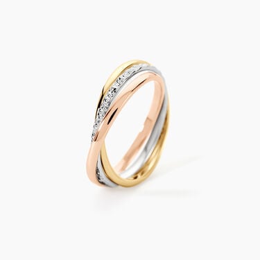 Alliance Entrelacee Diamantee Ruban Plat Or Tricolore