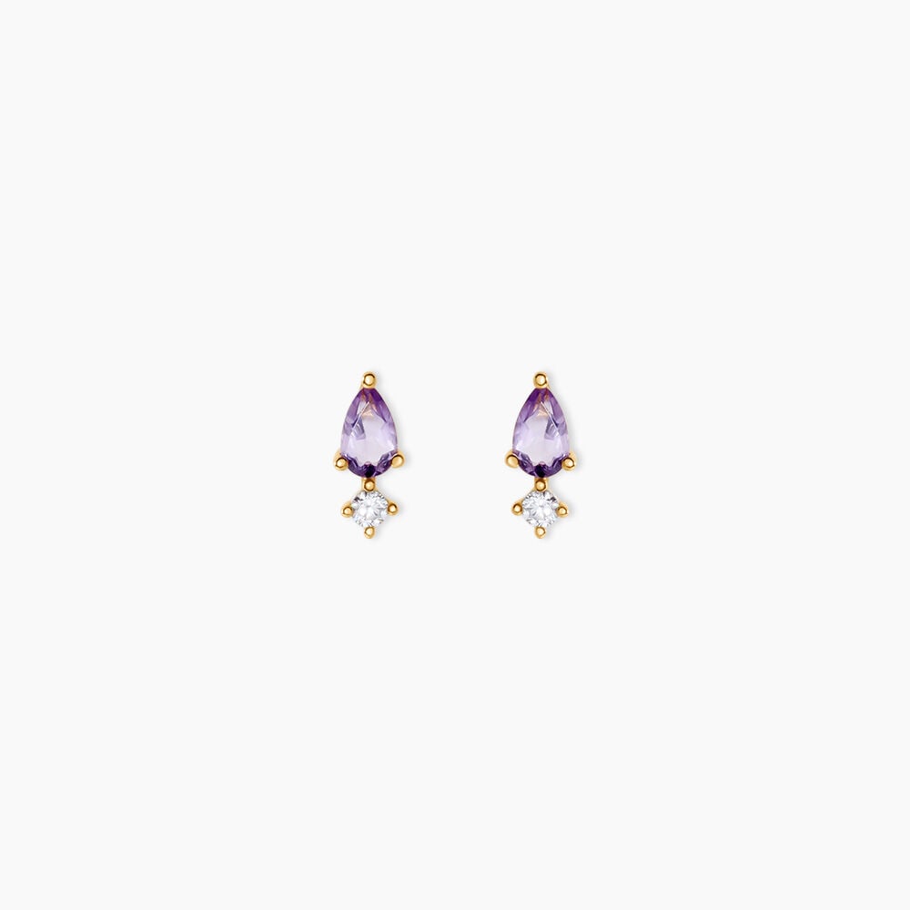 Boucles D'Oreilles Puces Jock Argent Dor&eacute; A L'Or 750/1000 Am&eacute;thyste Oxyde De Zirconium - Puces Femme | Marc Orian