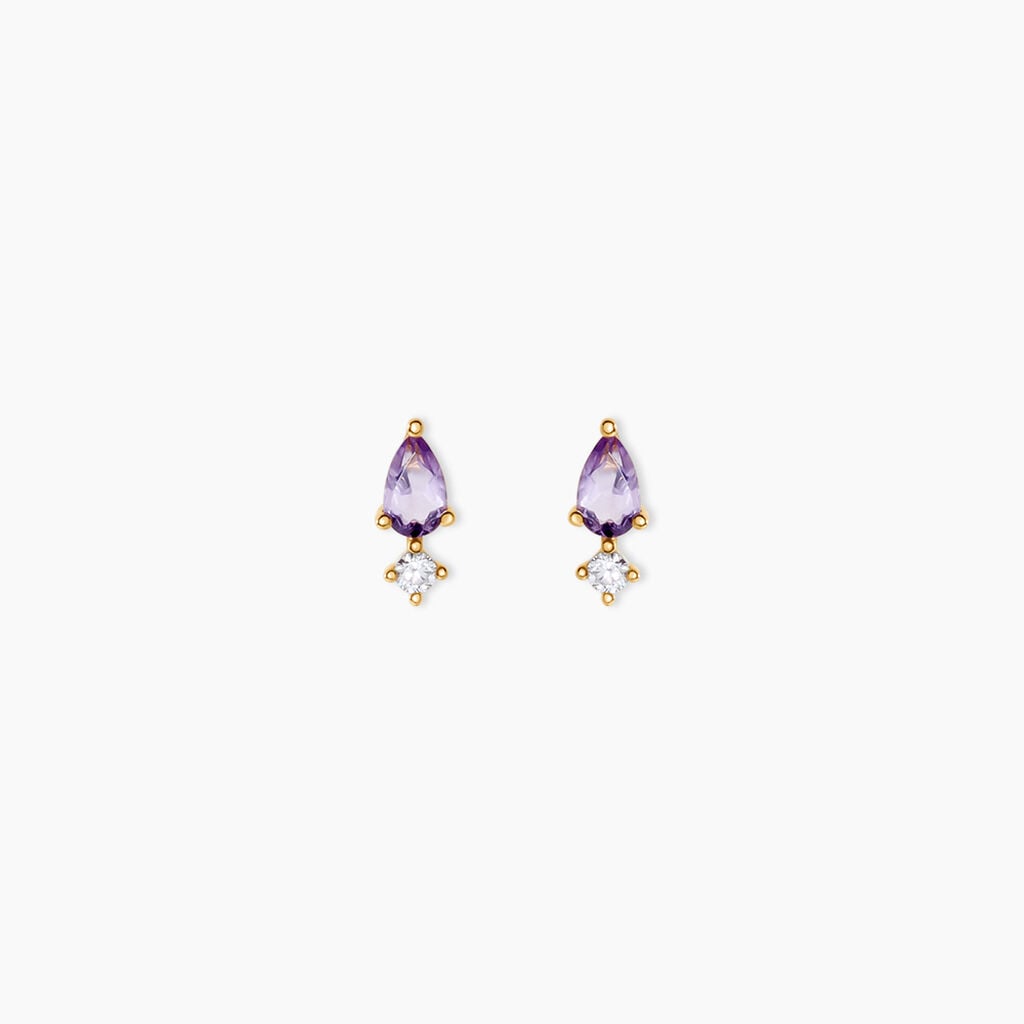 Boucles D'Oreilles Puces Jock Argent Dor&eacute; A L'Or 750/1000 Am&eacute;thyste Oxyde De Zirconium - Puces Femme | Marc Orian