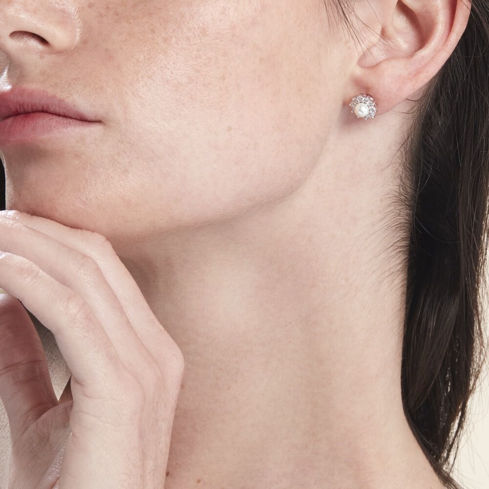 Boucles D'oreilles Puces Argent Blanc Cheri Perle De Culture Oxydes - Puces Femme | Marc Orian