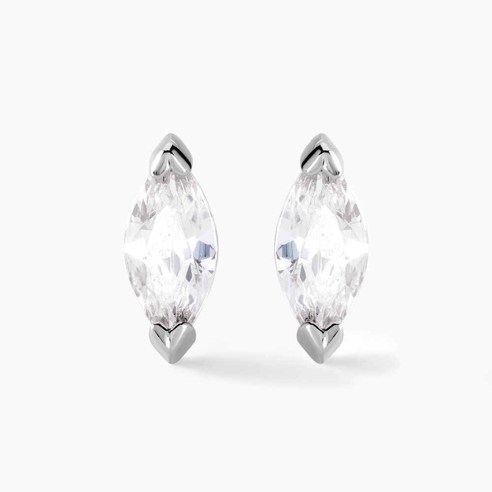 Boucles D'oreilles Puces Navette Argent Blanc Oxyde De Zirconium - Puces Femme | Marc Orian