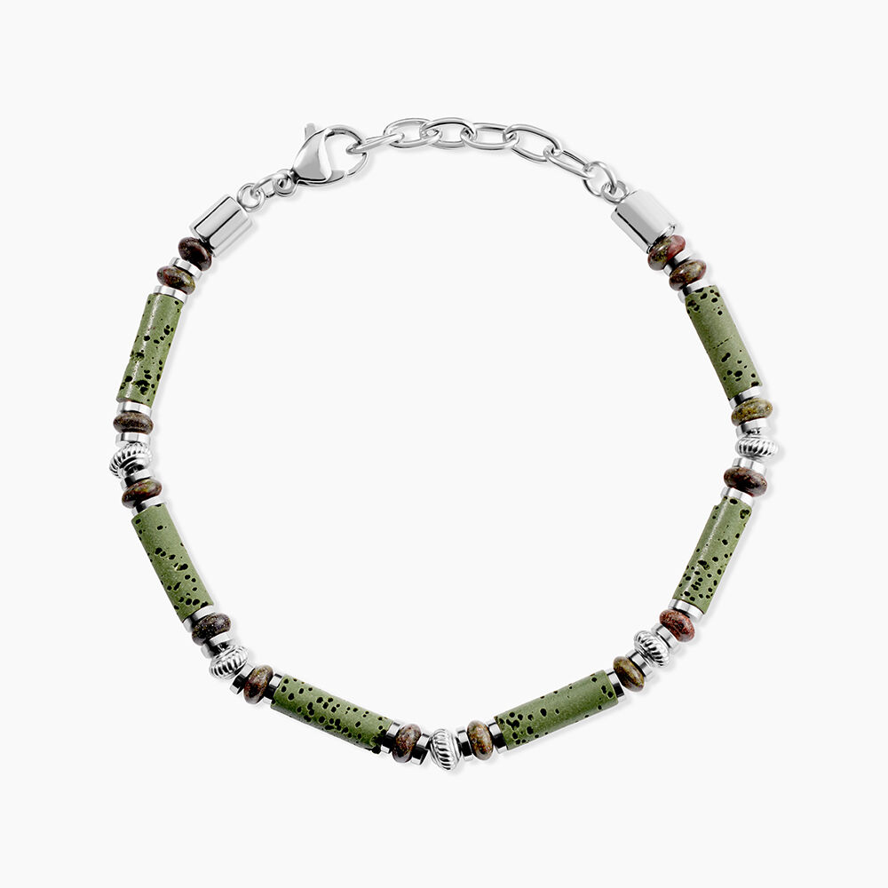 Bracelet Naturel Acier Blanc Jaspe Africain Pierre De Lave - Bracelets cha&icirc;nes Homme | Marc Orian