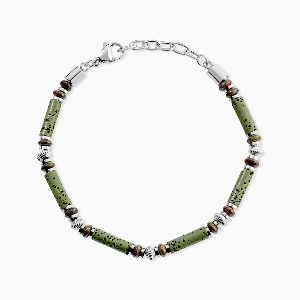 Bracelet Naturel Acier Blanc Jaspe Africain Pierre De Lave - Bracelets cha&icirc;nes Homme | Marc Orian
