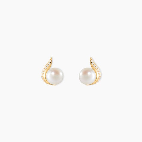 Boucles D'oreilles Puces Pearly Or Jaune Perle De Culture Et Oxyde - Boucles d'oreilles mariage Femme | Marc Orian
