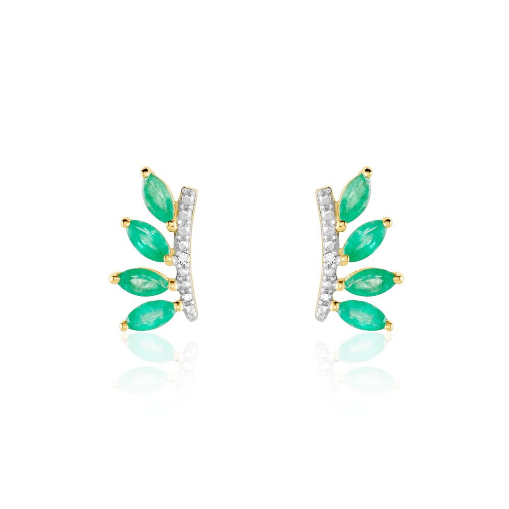 Boucles D'oreilles Puces Navette Or Jaune Emeraude Diamant -  Femme | Marc Orian