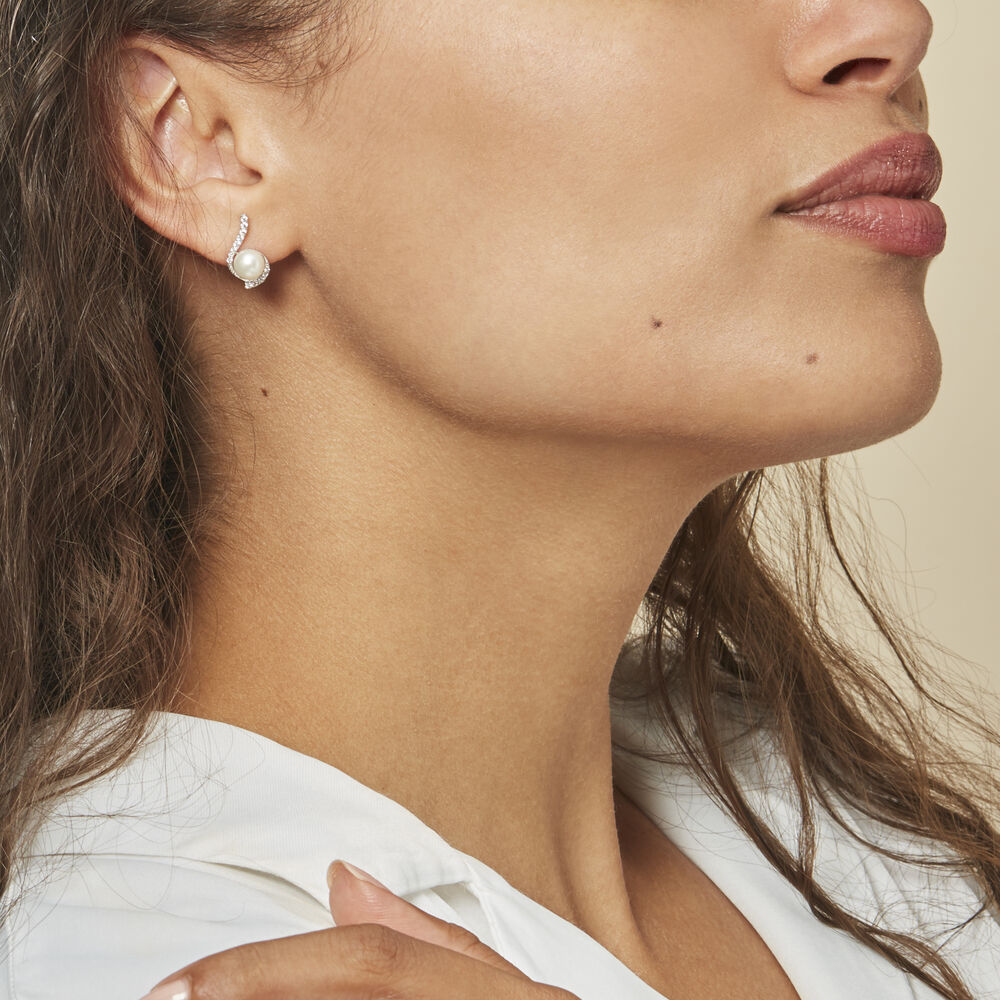 Boucles D'oreilles Puces Cassiopea Or Blanc Oxyde Et Perle De Culture - Puces Femme | Marc Orian