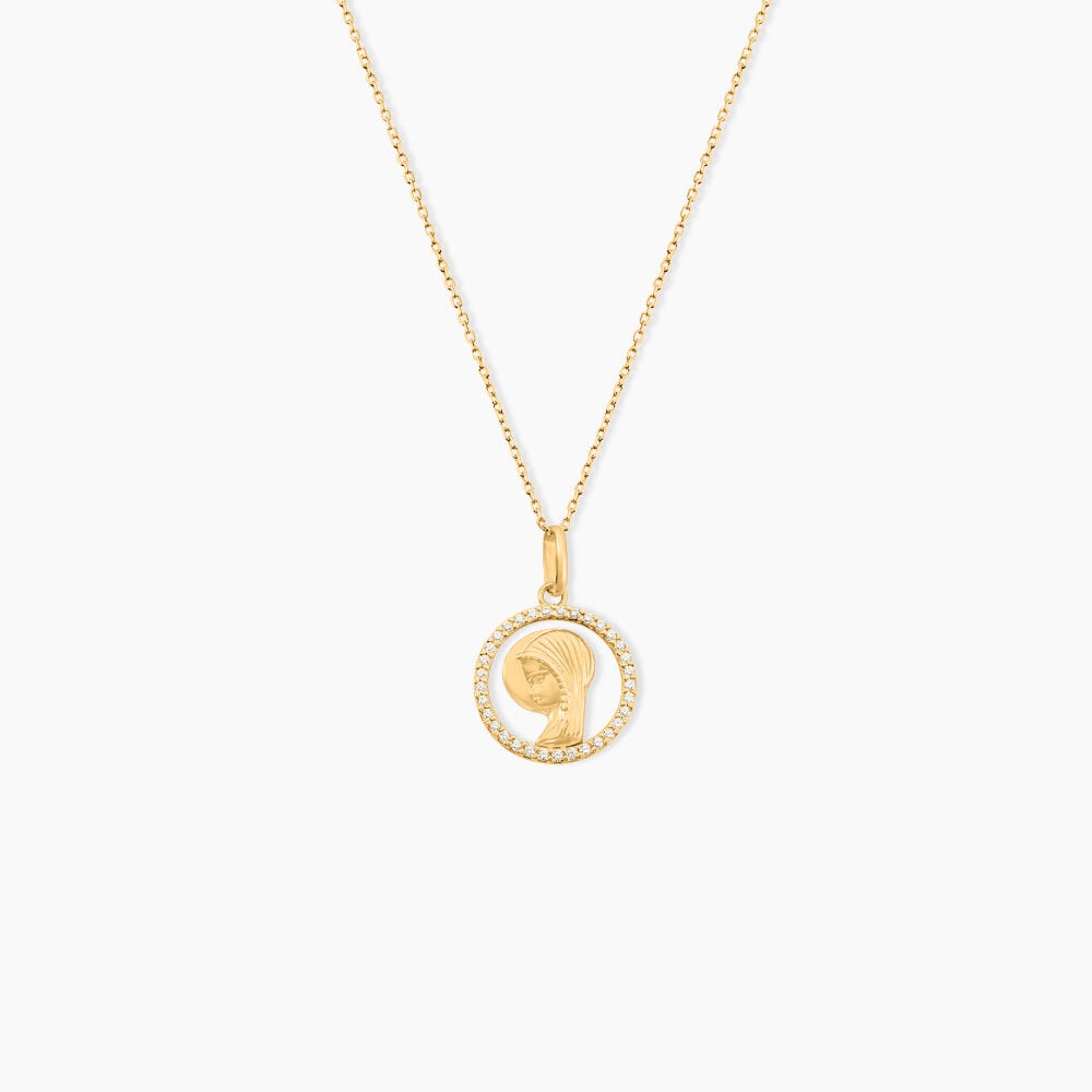 Pendentif Mary Vierge Rond Diamante Or Jaune Oxyde De Zirconium - Pendentifs Famille | Marc Orian