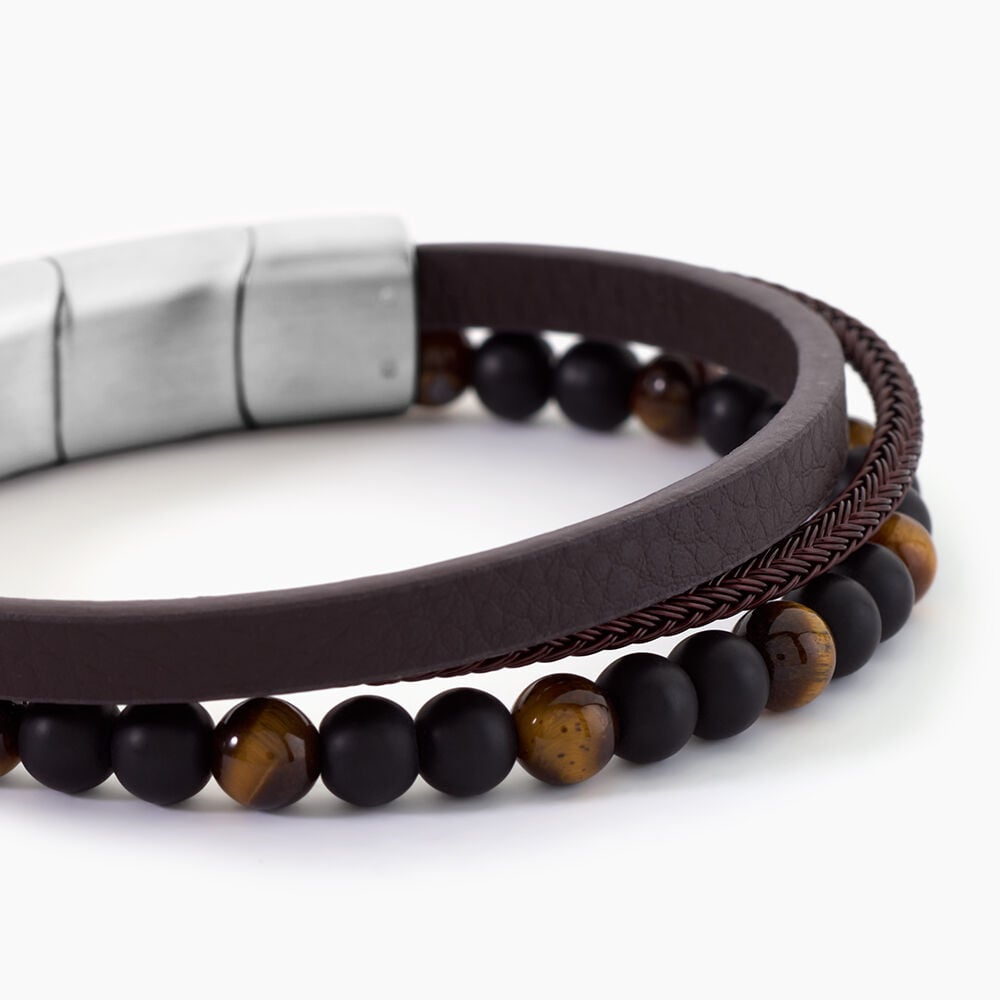 Bracelet Cuir De Vache Marron Onyx Oeil De Tigre - Bracelets cuir Homme | Marc Orian