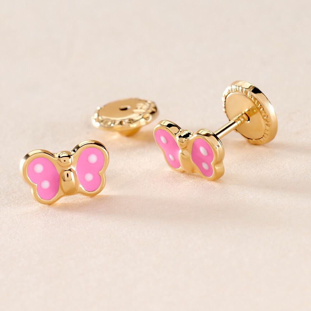 Boucles D'oreilles Puces Papillon Rose Or Jaune - Puces Enfant | Marc Orian