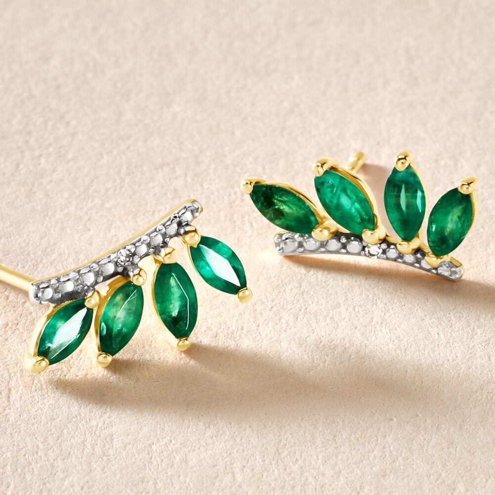 Boucles D'oreilles Puces Navette Or Jaune Emeraude Diamant -  Femme | Marc Orian