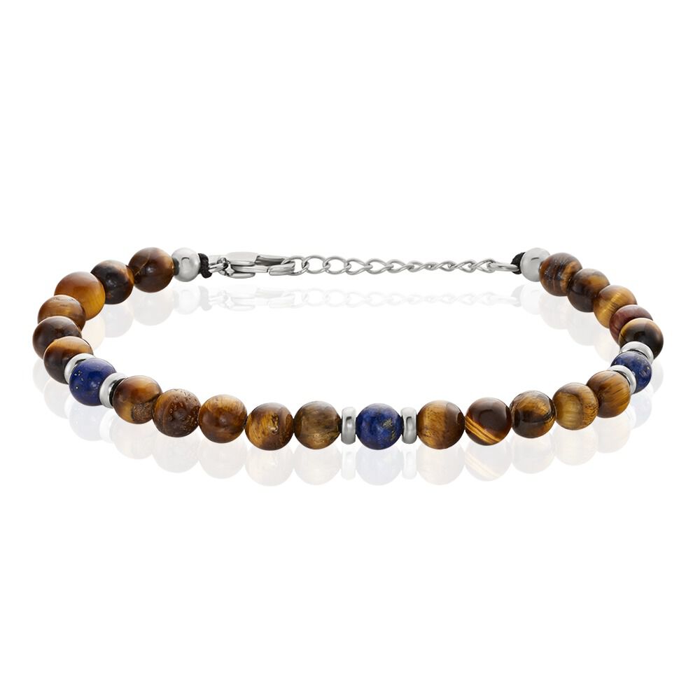 Bracelet Acier Blanc Delfino &oelig;il De Tigre Sodalite - Bracelets cha&icirc;nes Homme | Marc Orian