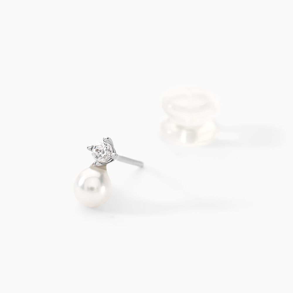 Boucles D'oreilles Puces Eolande Or Blanc Perle De Culture Et Oxyde - Puces Femme | Marc Orian