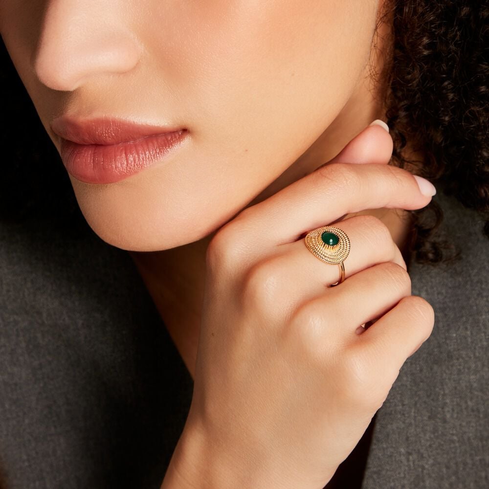 Bague Plaqué Or Ilia Ronde Perle Pierre Verte - Bagues de promesse Femme | Marc Orian