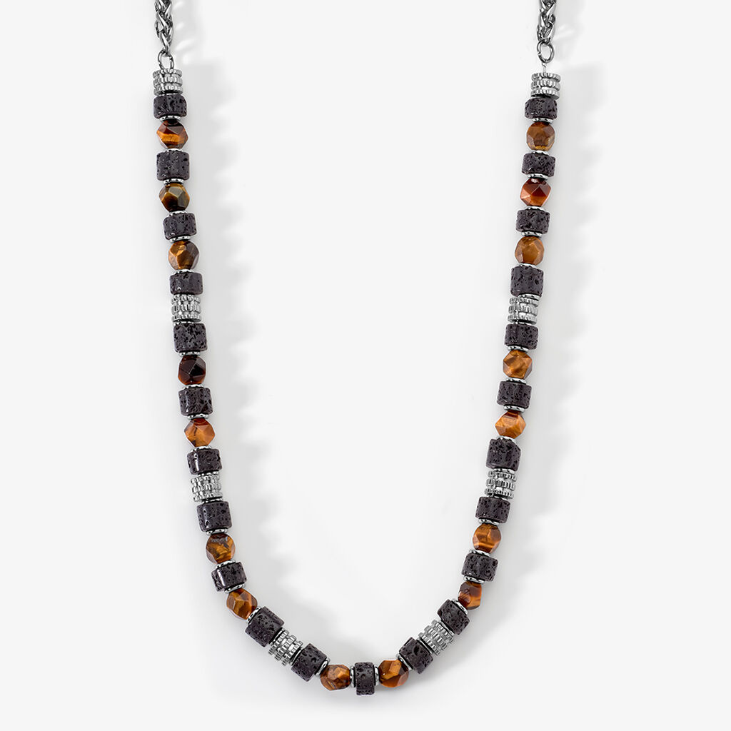 Collier Jourdan Bengale Acier Argenté Oeil De Tigre Pierre De Lave - Colliers avec pierres Homme | Marc Orian