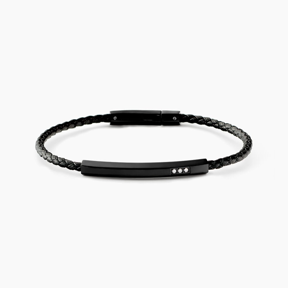 Bracelet Jourdan Cuir De Vache Noir Diamant Synth&eacute;tique - Bracelets cuir Homme | Marc Orian