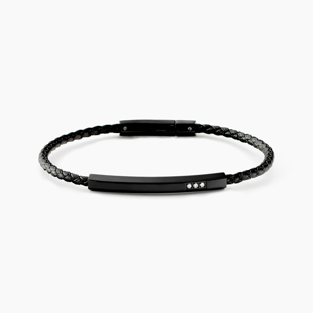 Bracelet Jourdan Cuir De Vache Noir Diamant Synth&eacute;tique - Bracelets cuir Homme | Marc Orian