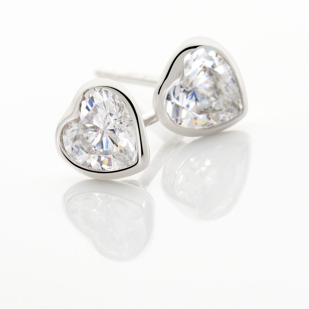 Boucles D'oreilles Puces Coeur Serti Clos Or Blanc Oxyde De Zirconium - Clous d'oreilles Femme | Marc Orian