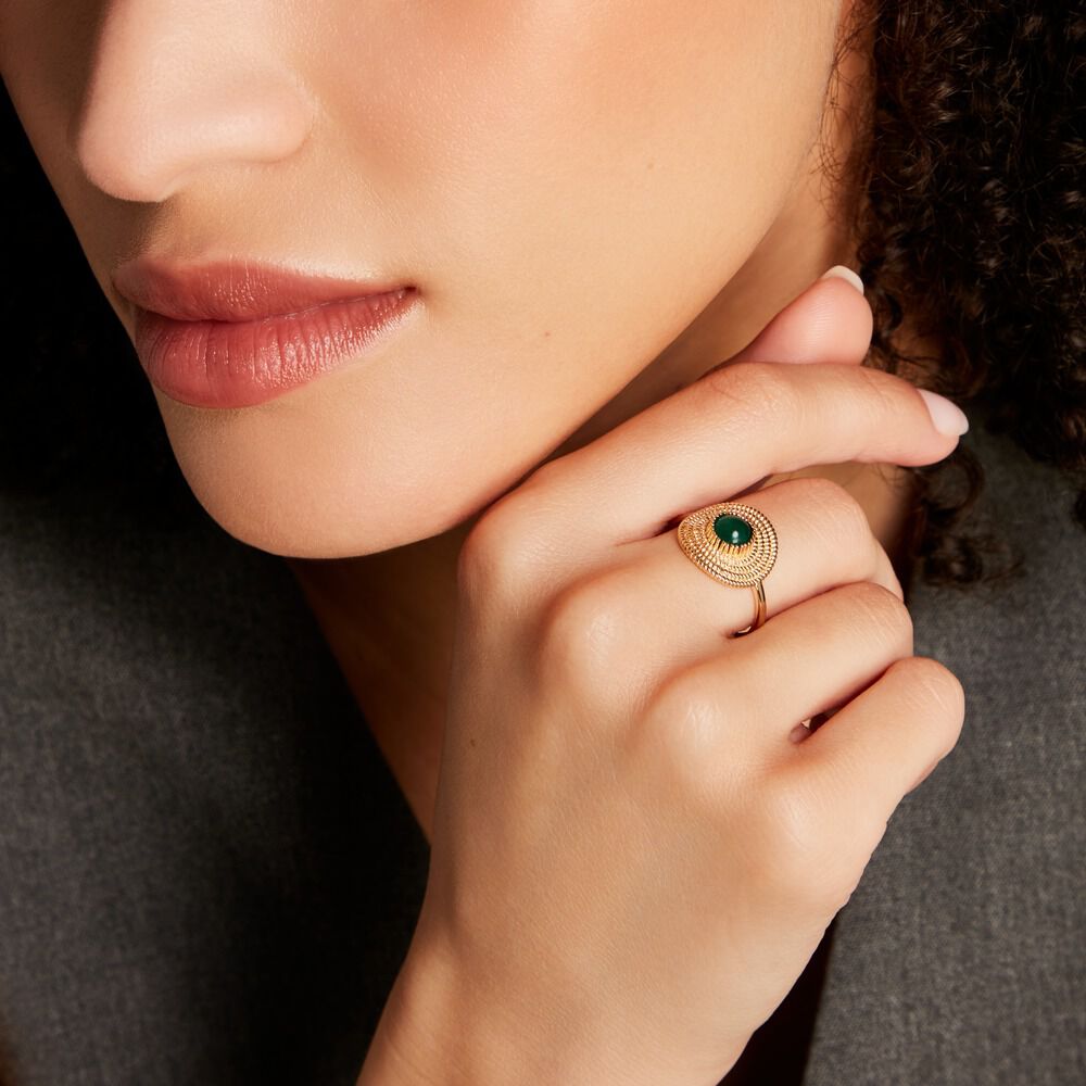 Bague Plaqué Or Ilia Ronde Perle Pierre Verte - Bagues de promesse Femme | Marc Orian