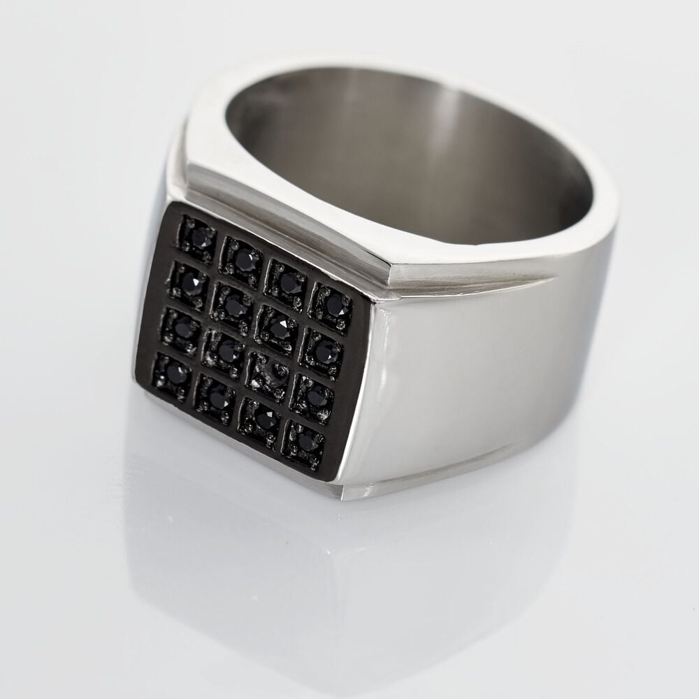 Bague Chevalière Acier Vieillit Teodor Oxydes De Zirconium - Bijoux fantaisie Homme | Marc Orian