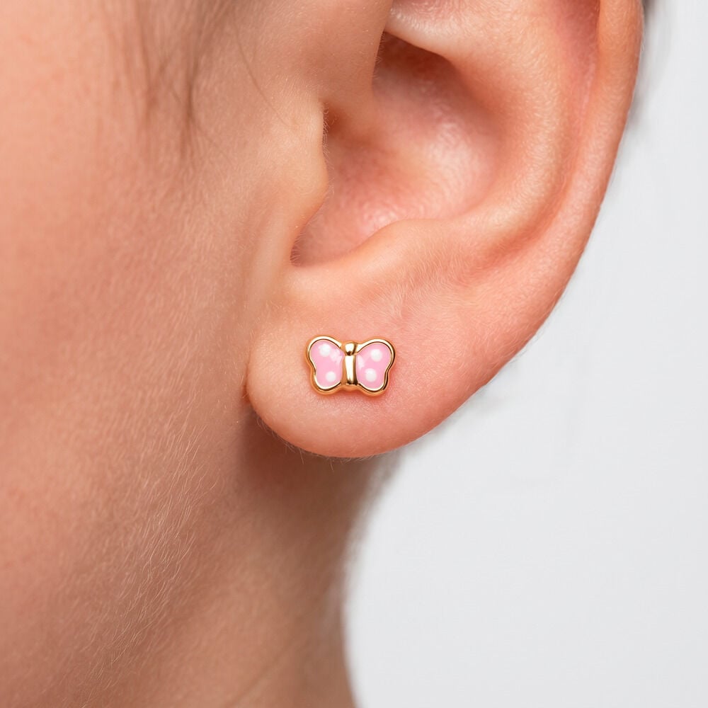 Boucles D'oreilles Puces Papillon Rose Or Jaune - Puces Enfant | Marc Orian
