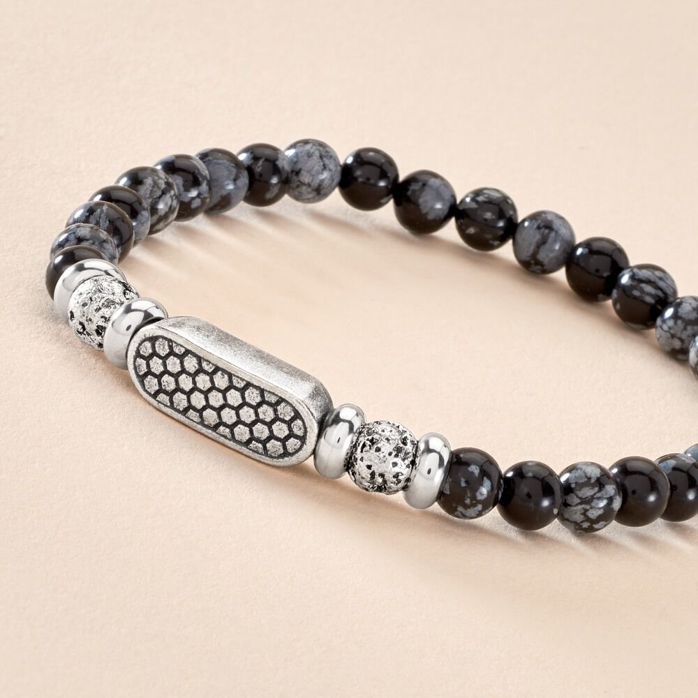 Bracelet Philo Acier Blanc Obsidienne Pierre De Lave - Bracelets cha&icirc;nes Homme | Marc Orian