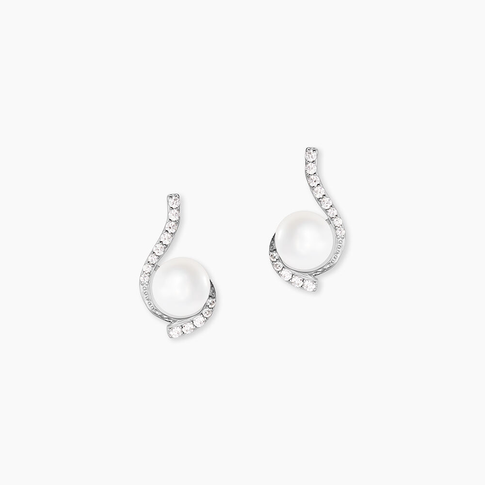 Boucles D'oreilles Puces Cassiopea Or Blanc Oxyde Et Perle De Culture - Puces Femme | Marc Orian