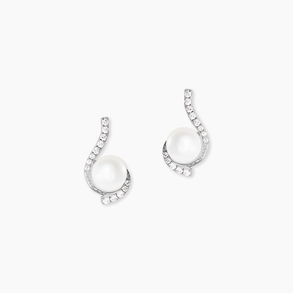 Boucles D'oreilles Puces Cassiopea Or Blanc Oxyde Et Perle De Culture - Puces Femme | Marc Orian