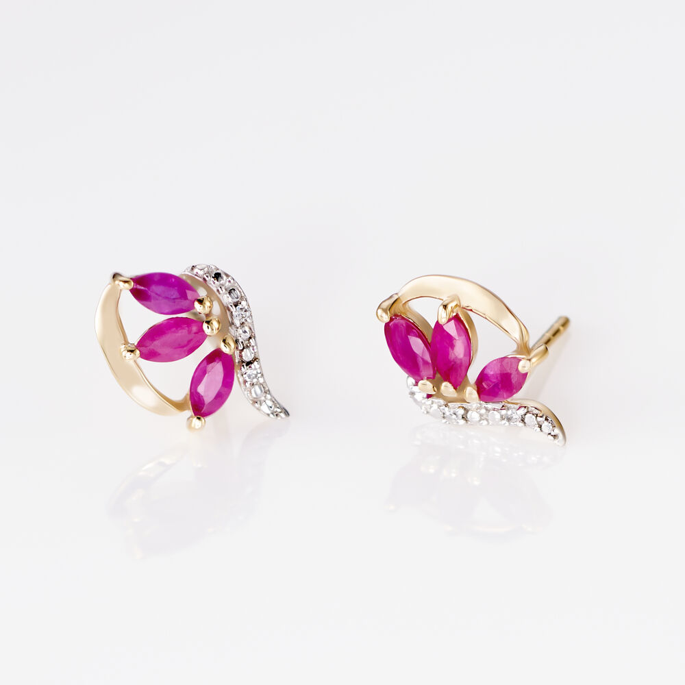Boucles D'oreilles Puces Petale Or Bicolore Rubis Et Diamant - Puces Femme | Marc Orian