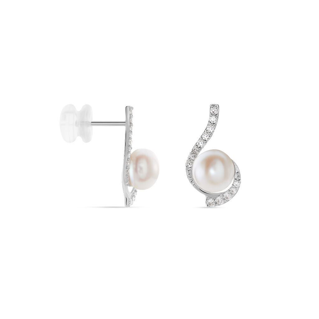Boucles D'oreilles Puces Cassiopea Or Blanc Oxyde Et Perle De Culture - Clous d'oreilles Femme | Marc Orian