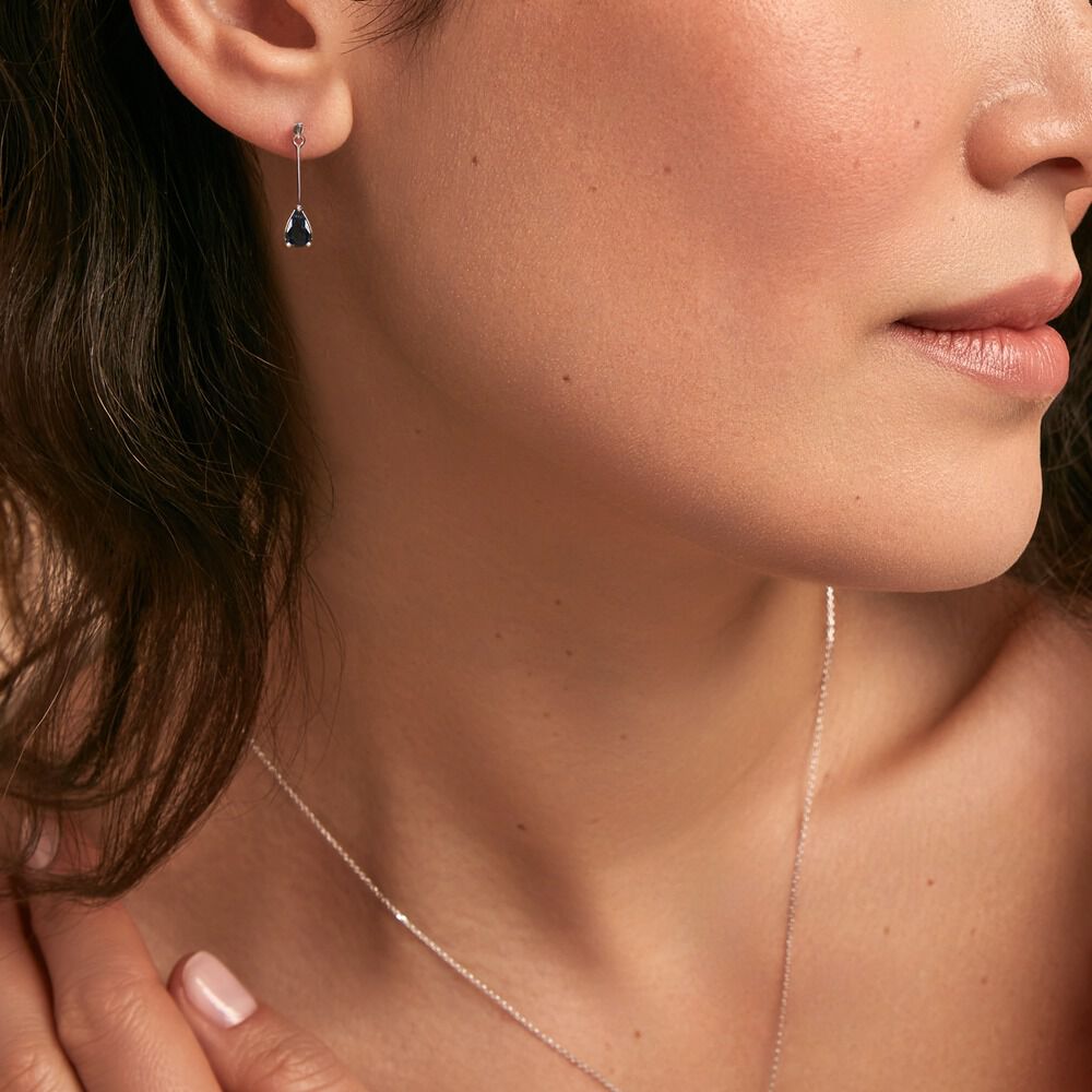 Boucles D'oreilles Pendantes Or Blanc Goutte Saphir -  Femme | Marc Orian