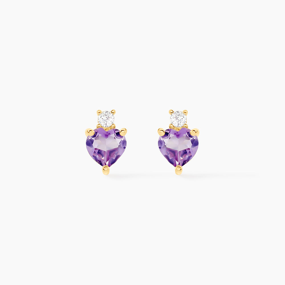 Boucles D'oreilles Puces Heart Or Jaune Am&eacute;thyste Oxyde Zirconium - Puces Femme | Marc Orian