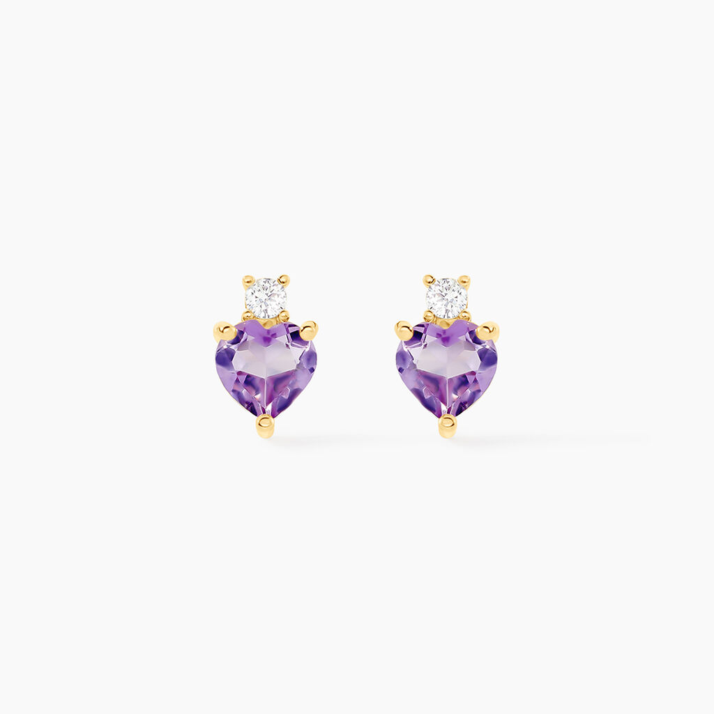 Boucles D'oreilles Puces Heart Or Jaune Am&eacute;thyste Oxyde Zirconium - Puces Femme | Marc Orian