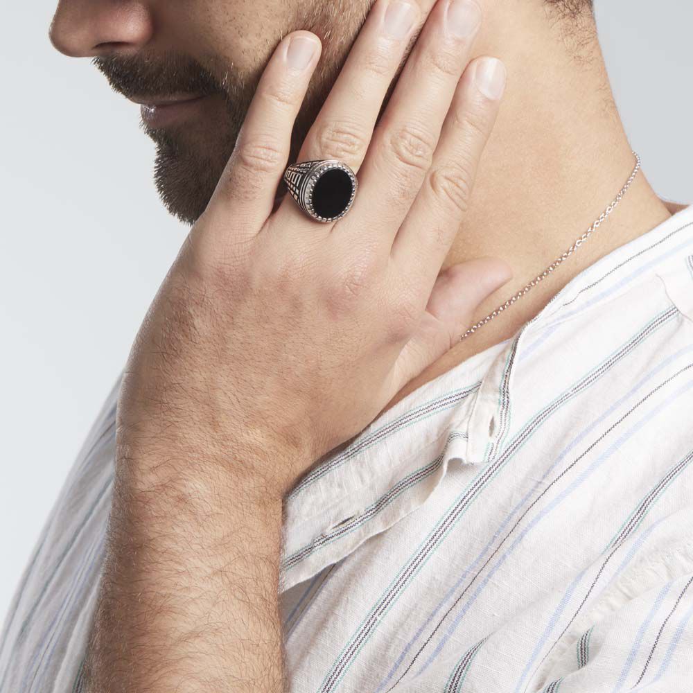 Bague Argent Blanc Thimeo Agathe Noire - Bagues de promesse Homme | Marc Orian