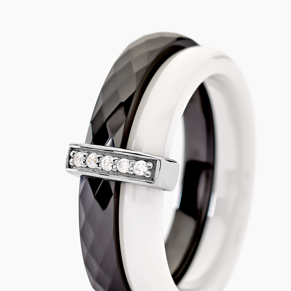 Bague Barette Bicolore Ceramique Argent Blanc Oxyde De Zirconium - Bagues avec pierre Femme | Marc Orian