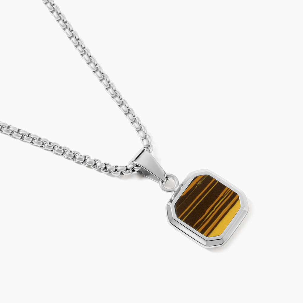 Collier Acier Inoxydable Blanc Carr&eacute; Oeil De Tigre Jaune Maille Venitienne 55Cm - Colliers avec pierres Homme | Marc Orian