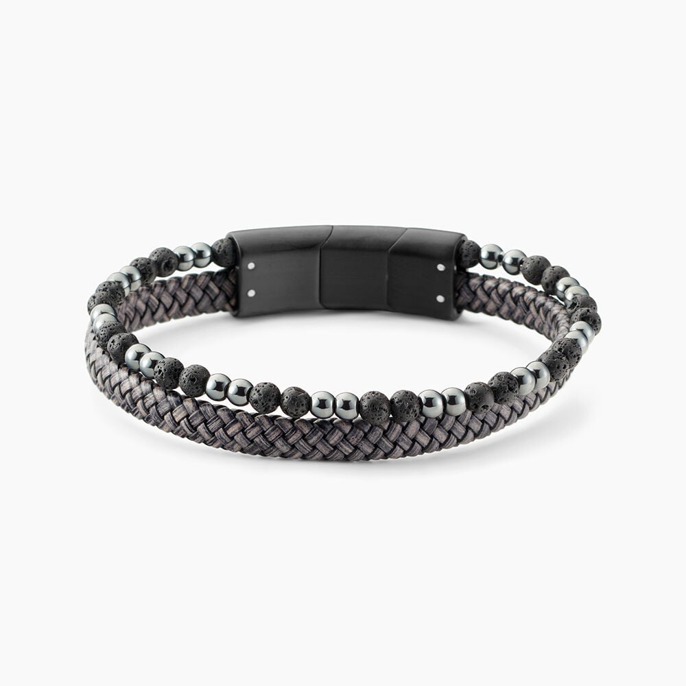 Bracelet Jourdan Cuir De Vache Gris H&eacute;matite Pierre De Lave - Bracelets cuir Homme | Marc Orian