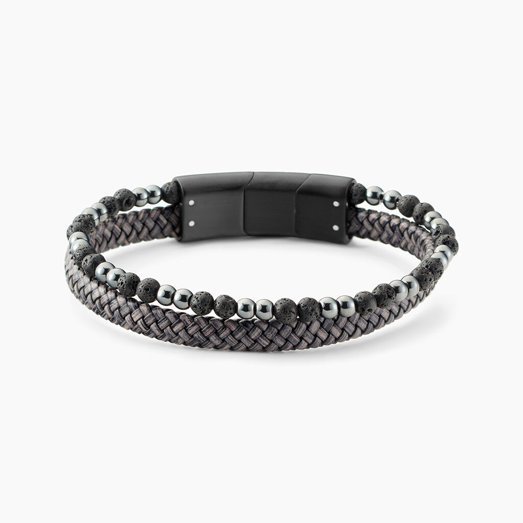 Bracelet Jourdan Cuir De Vache Gris H&eacute;matite Pierre De Lave - Bracelets cuir Homme | Marc Orian