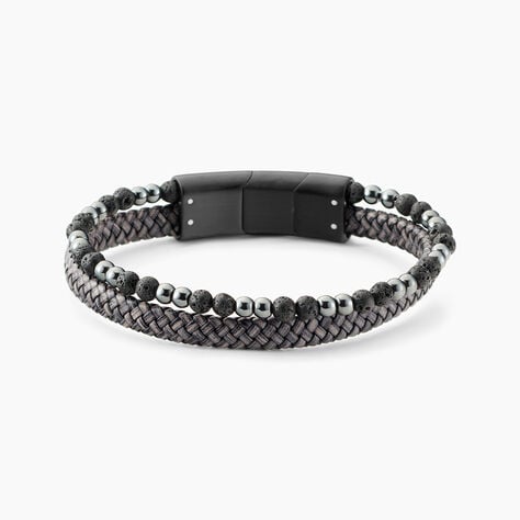 Bracelet Jourdan Cuir De Vache Gris H&eacute;matite Pierre De Lave - Bracelets cuir Homme | Marc Orian
