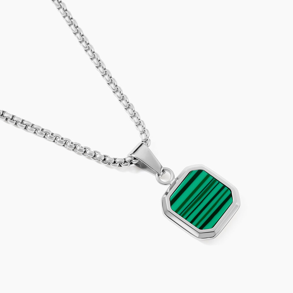 Collier Acier Inoxydable Blanc Carr&eacute; Malachite Vert Maille Venitienne 55Cm - Colliers avec pierres Homme | Marc Orian