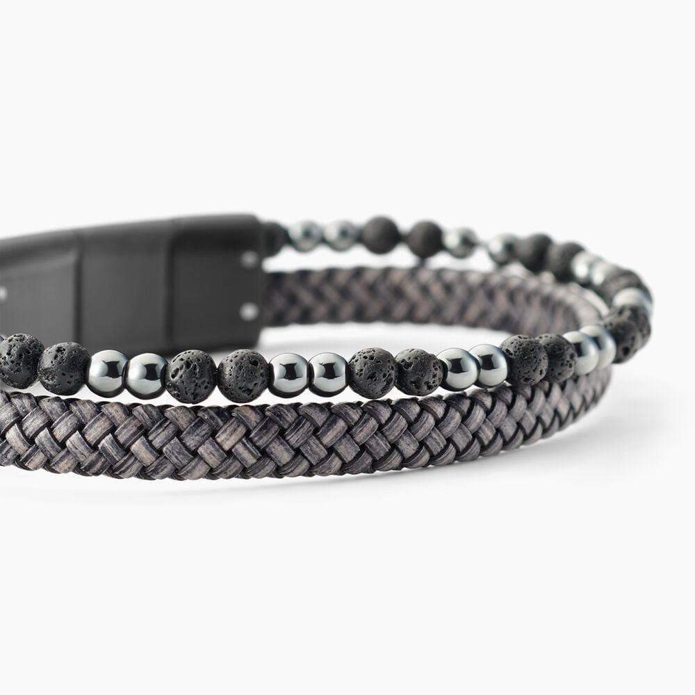 Bracelet Jourdan Cuir De Vache Gris H&eacute;matite Pierre De Lave - Bracelets cuir Homme | Marc Orian