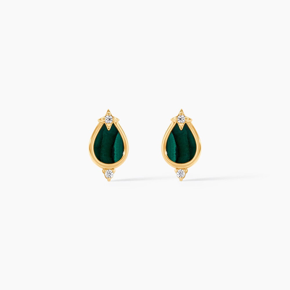 Boucles D'Oreilles Puces Cadoc Or Jaune Malachite Oxyde De Zirconium - Puces Femme | Marc Orian